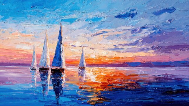 Impressionistic Sailboats Glide Across a Vibrant Sunset Sea with Thick Impasto Texture
