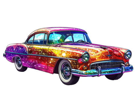 Colorful illustrated vintage coupe car with sparkling cosmic theme and white-wall tires