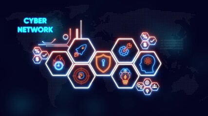 Cyber network concept with digital icons and world map technology - Powered by Adobe