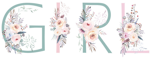 Word GIRL made with pastel pink watercolor flowers and leaves, isolated baby shower illustration