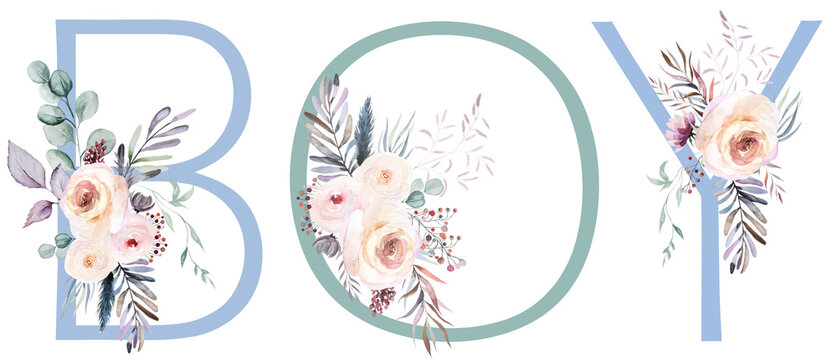 Word BOY made with pastel blue watercolor flowers and leaves, isolated baby shower illustration - Powered by Adobe