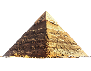 A colossal ancient Egyptian structure, showcasing intricate stone blocks, isolated against a void background