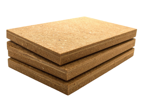 Stacked brown particle boards on a black background, showing edges and surface texture