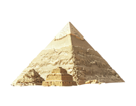 A colossal, ancient, triangular structure in light brown with a smaller one in front
