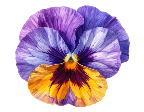 Close-up vibrant watercolor depiction of a pansy flower in shades of purple and yellow
