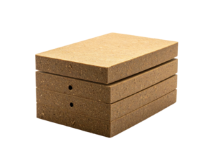 Stack of brown rectangular compressed fiberboard panels. Two holes visible. Isolated against a black backdrop