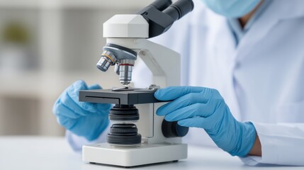 Close-up of a laboratory researcher handling a microscope with blue gloves, examining slide samples in a clinical research environment with focus on detail.