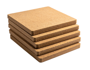 A close-up captures stacked, square-shaped, light-brown cork boards, angled