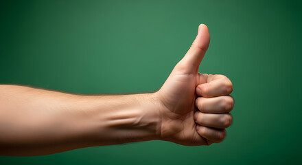 Hand giving a thumbs up gesture on a green background showing approval