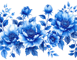 Digital floral illustration of lush blue blossoms on stems and leaves, set against a black backdrop