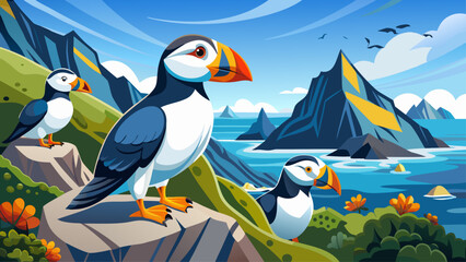 Obraz premium Very beautiful horned puffins at Lake Clark National Park, Alaska, USA, perched on rocky cliffs above the ocean, displaying colorful beaks and black-white plumage amid pristine northern coastal wilder