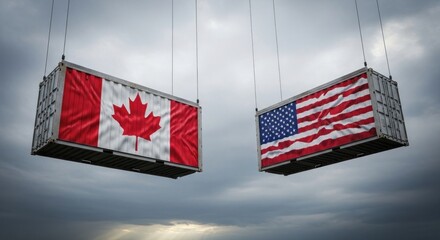 Two shipping containers with Canada and USA flags hanging in the air.