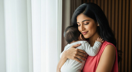 Naklejka premium Peaceful Indian mother bonding with her sleeping newborn
