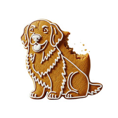Extreme macro of artisanal gingerbread Golden Retriever cookie with rich crust, glossy white icing, and a 'perfect bite' revealing spiced interior on a transparent background, delicious temptation