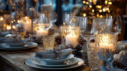 Elegant Christmas table setting with candles wine glass