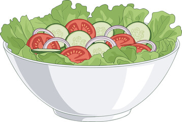Fresh vegetable salad bowl, lettuce, tomato, cucumber, red onion slices, healthy food illustration, organic diet, garden greens, nutritious meal vector
