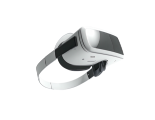 A modern VR headset, rendered in glossy white with gray straps, isolated against a black backdrop