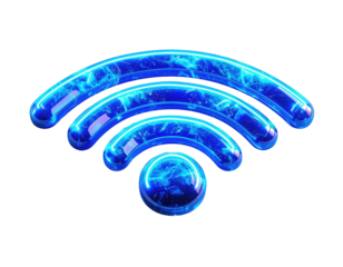 Graphic of a glowing neon blue wifi symbol on a black background
