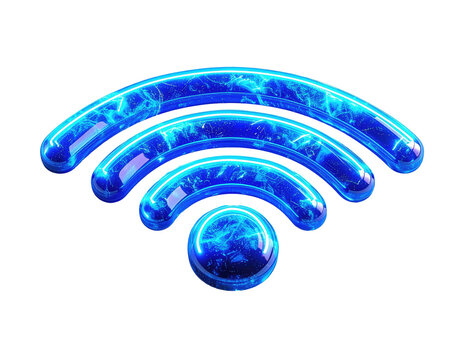 Graphic of a glowing neon blue wifi symbol on a black background