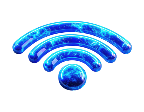 Graphic of a glowing neon blue wifi symbol on a black background