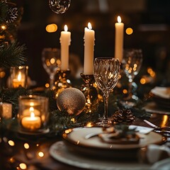 Festive holiday table, candles, Christmas decorations, elegant