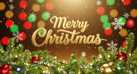 A festive Christmas scene with a golden "Merry Christmas" message and colorful lights.