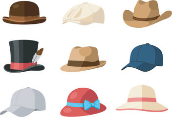 Set of nine illustrated hats, fashion accessories, headwear styles, vintage and modern designs, vector icons, costume elements, cultural fashion collection