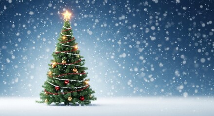 A Christmas tree with a star on top, surrounded by snowflakes, against a blue background.