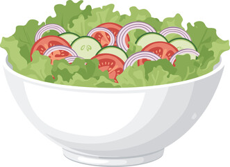 Fresh vegetable salad bowl, lettuce, tomato, cucumber, red onion slices, healthy food illustration, garden greens, nutritious meal, organic diet vector