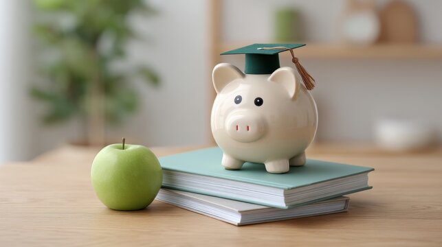 Graduation savings concept featuring a piggy bank wearing a cap on stacked books next to a green apple in a bright and modern interior setting - Powered by Adobe