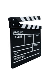 Ultra-close-up macro of a black film clapperboard with its striped arm clapped down, chalk dust, crisp white text, isolated on a transparent background. Concept of cinematic production
