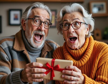 Joyful senior couple unwrapping surprise gift in cozy home setting for holiday celebration - Powered by Adobe