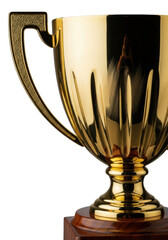 Golden trophy, ultra-macro, mirror-polished, intricate engravings, gilded handles on dark polished wood base, studio light, transparent background, concept of victory and luxury