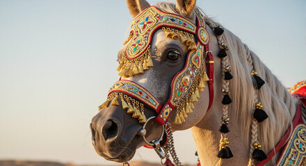 Naklejka premium Arabian horse face close-up features traditional bridle decorations, revealing rich oriental cultural motifs and beauty. Arabian horse details present beautiful traditions, ornate bridles.