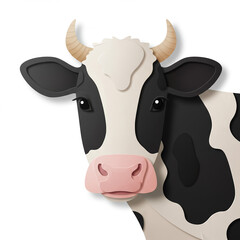 Dairy cow close-up illustration, black and white Holstein markings with pink snout, upright ears, and gentle expression, symbolizing farming, milk production, and the rustic charm of rural life
