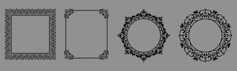 Set of decorative frames Elegant vector element for design in Eastern style, place for text. Floral black and gray borders. Lace illustration for invitations and greeting cards
