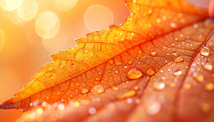  Abstract macro of a single orange maple leaf with visible vein patterns and raindrops