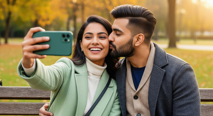 Happy Couple Takes Autumn Selfie in Park