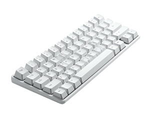 Angled shot of a white, compact keyboard with backlit keys against a black background