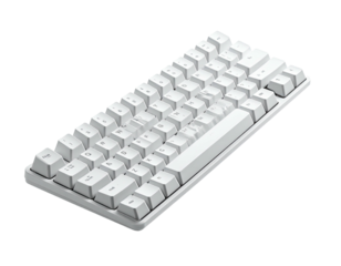 Angled shot of a white, compact keyboard with backlit keys against a black background