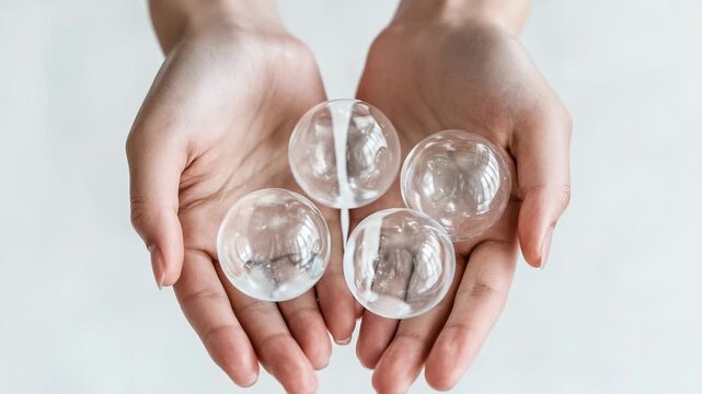 A person grasping four plastic balls in their hands