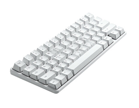 Angled shot of a white, compact keyboard with backlit keys against a black background