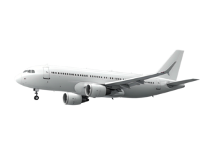 Side view of a white commercial airliner against a black background, illustrating aviation