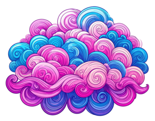 Colorful, swirling illustration of interconnected, stylized clouds in shades of blue and pink