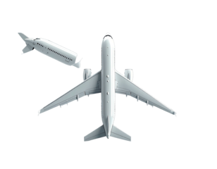 Aerial view of two passenger jets against a transparent background. One is detached