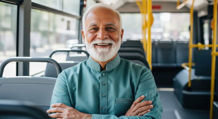 Happy senior Indian man smiling in traditional attire on a bus.
