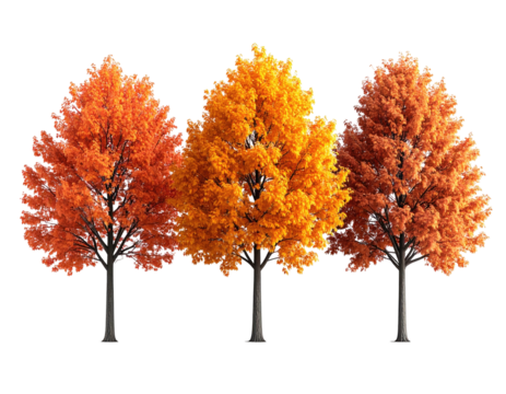 Three vibrant autumn trees displaying fiery orange and red foliage against a transparent background