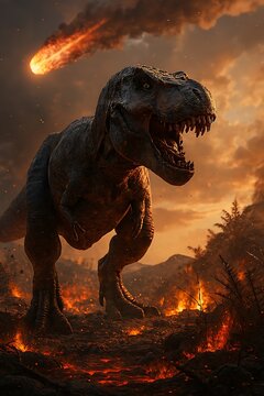 A Tyrannosaurus Rex stands amidst a fiery landscape as a meteor streaks across the sky, evoking the Cretaceous-Paleogene extinction event.