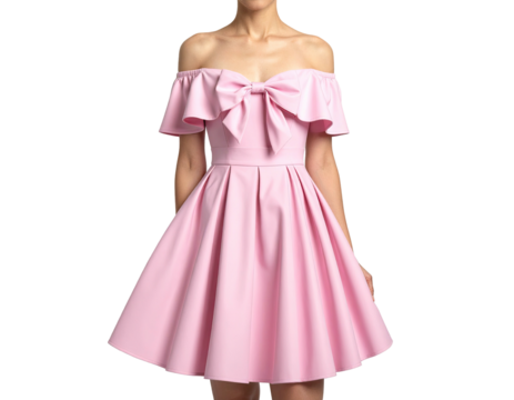 Fashion shot of a pink off-shoulder dress with a bow detail and flared skirt