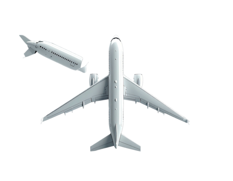 Aerial view of two passenger jets against a transparent background. One is detached